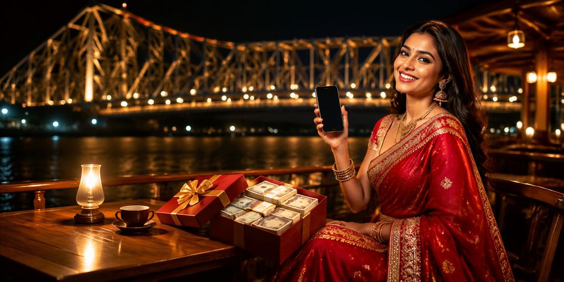 A player enjoying Andar Bahar on mobile in Kolkata near Howrah Bridge