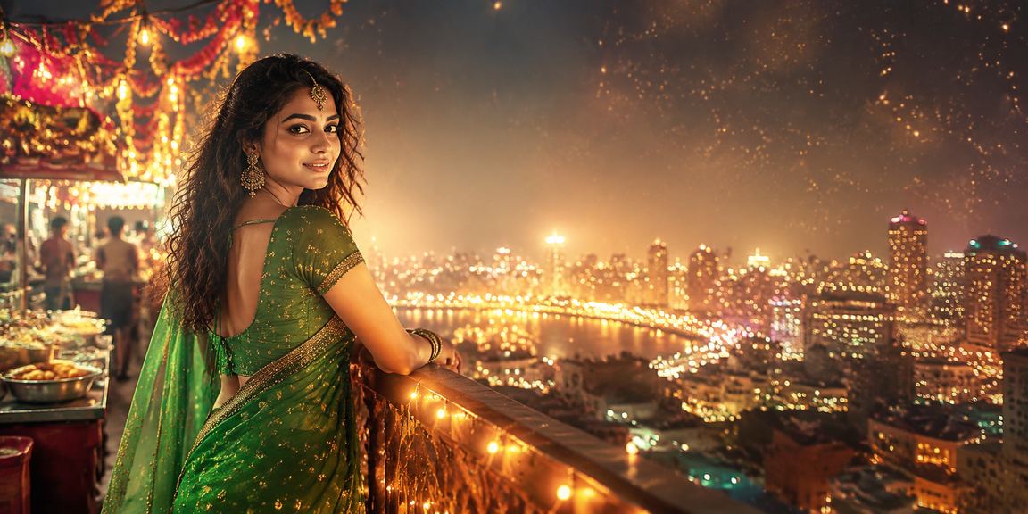Woman holding red envelope with festive background in Mumbai